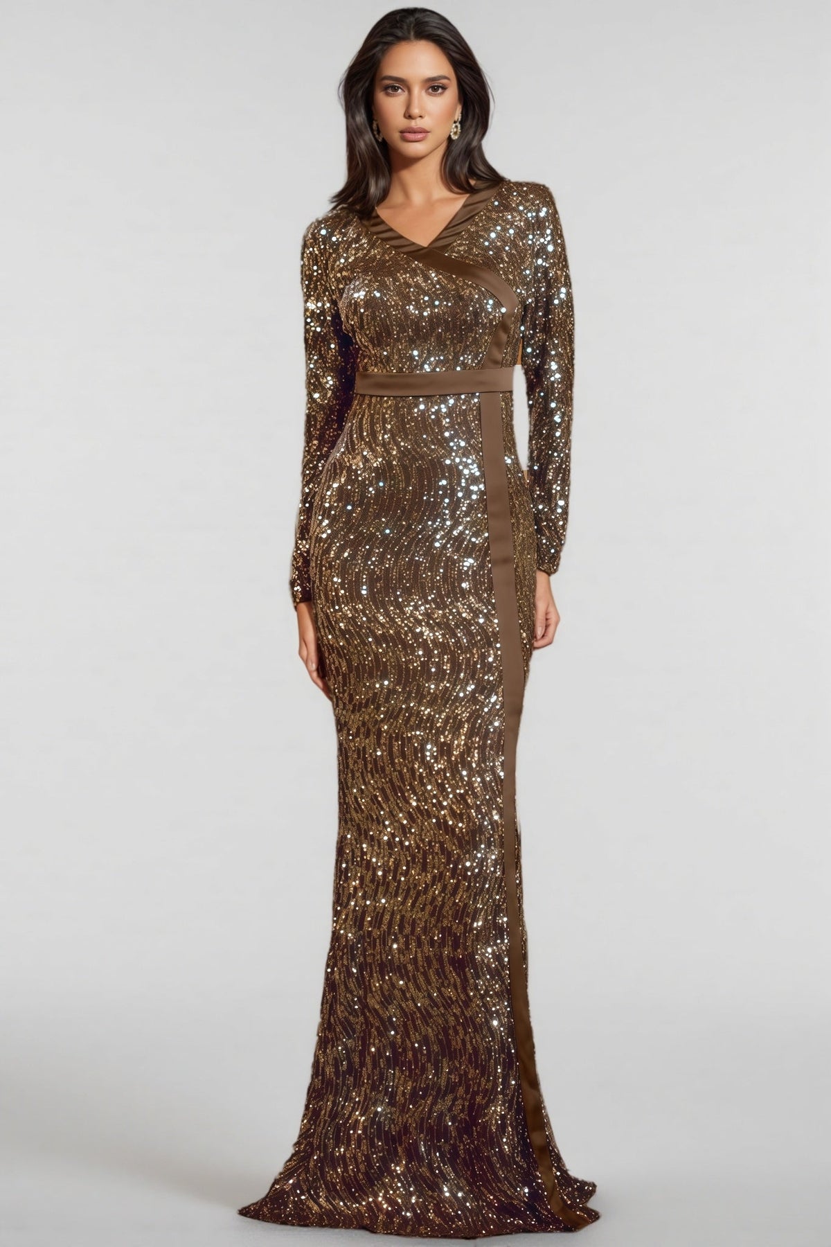 Sequin V-Neck Long Sleeve Mermaid Maxi Gown