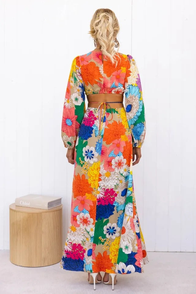 Floral Print Puff Sleeve Cut Out Waist Summer Maxi Dress - View 3