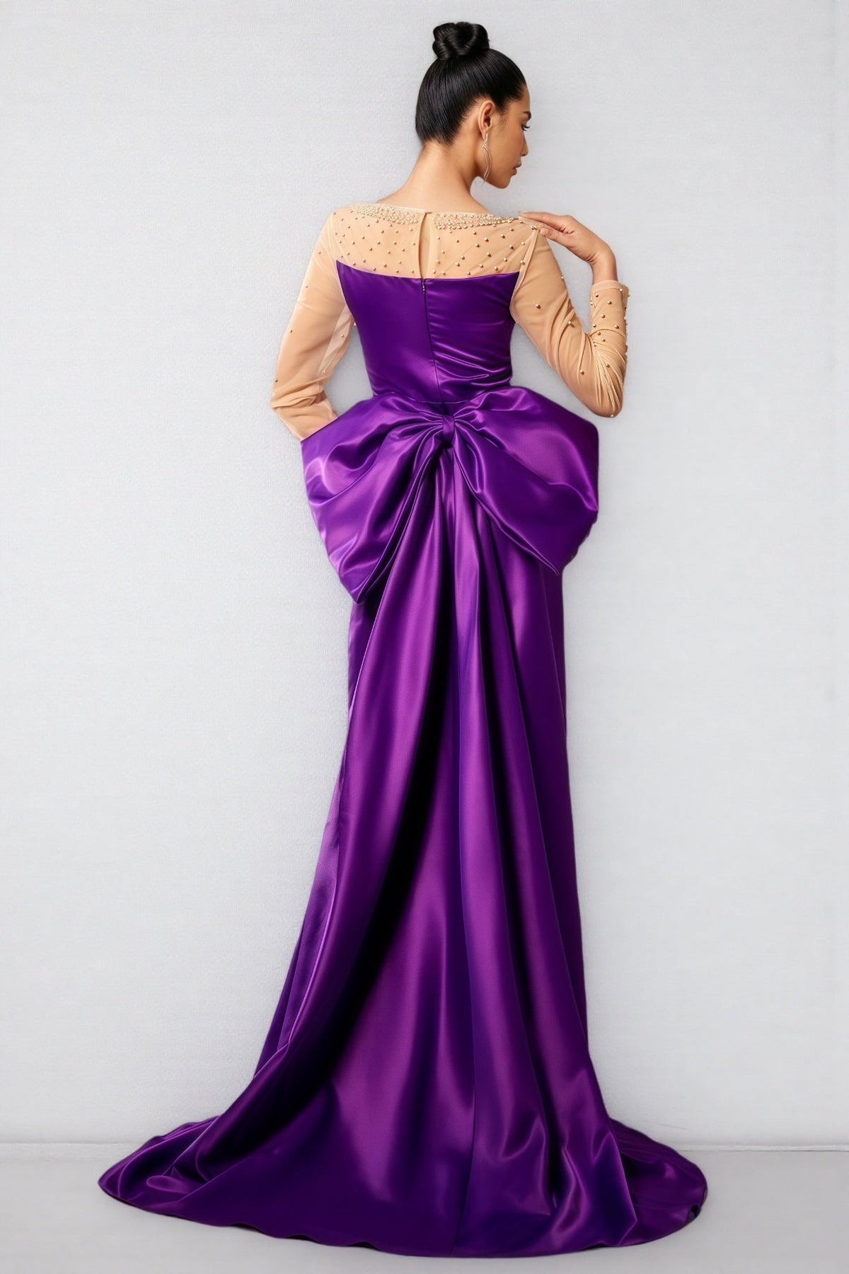 Pearl Embellished Sheer Mesh Yoke Long Sleeve Maxi Gown - View 2