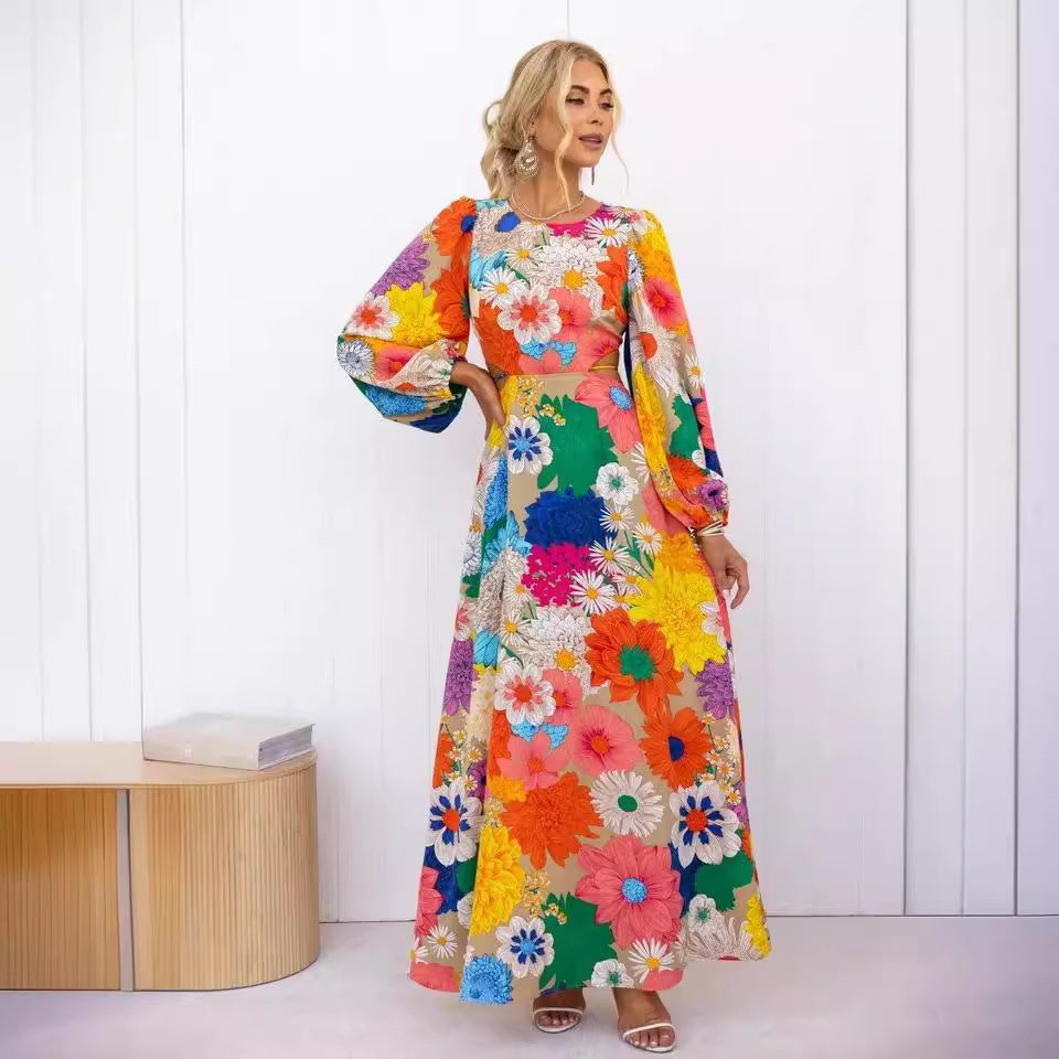 Floral Print Puff Sleeve Cut Out Waist Summer Maxi Dress