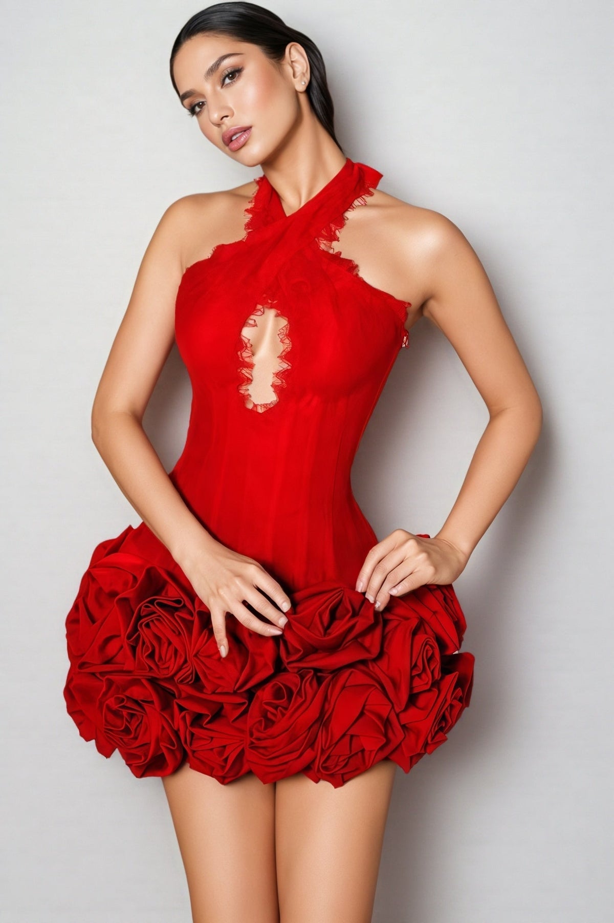 Lace Halter Neck Cut Out 3D Rose Applique Mini Dress - View 2