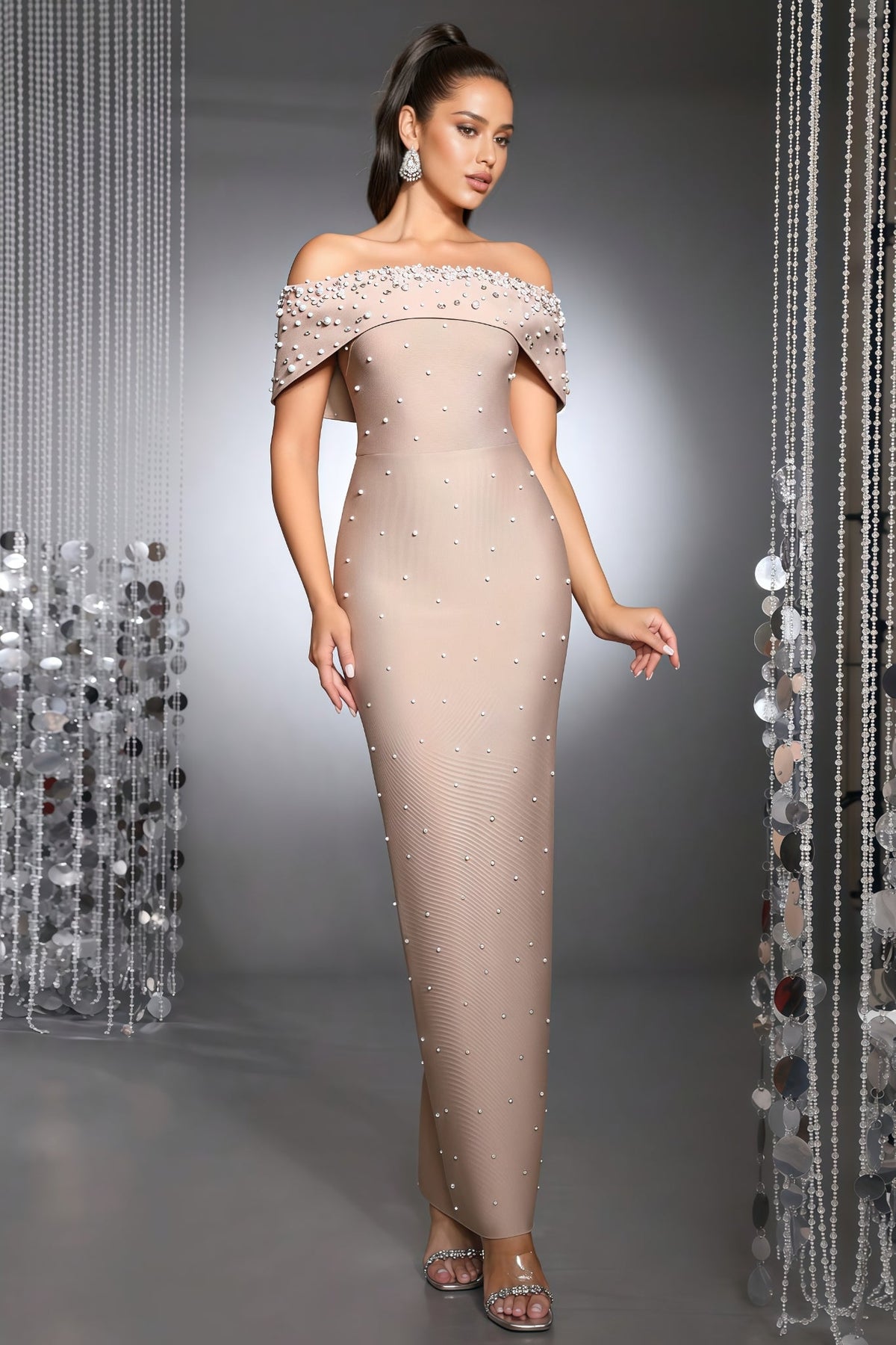 Pearl Beaded Off Shoulder Bandage Maxi Gown - View 4
