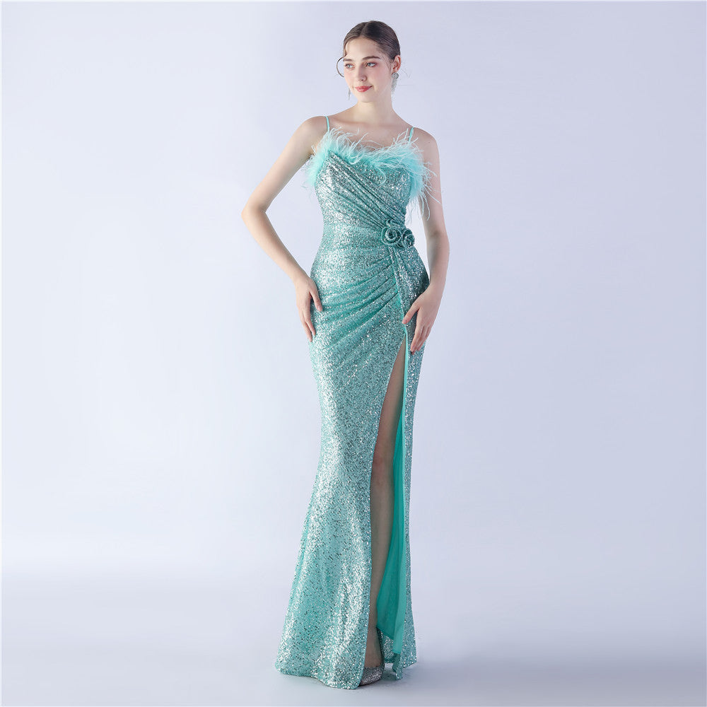 Sequin Spaghetti Strap Feather Trim High Split Mermaid Gown - View 6