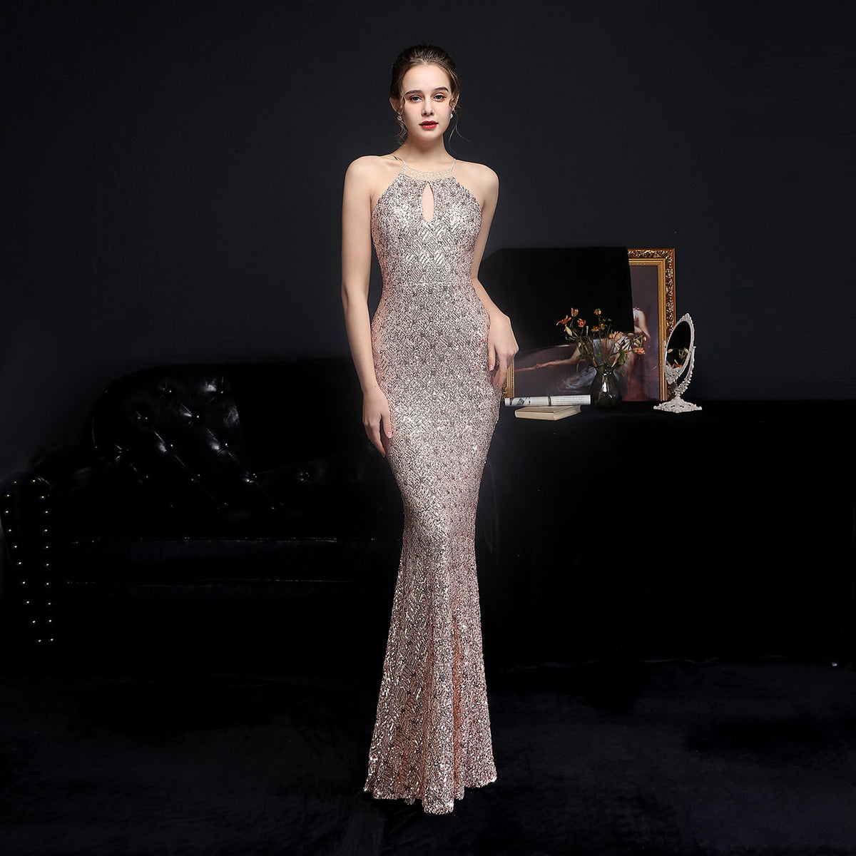 Halter Neck Keyhole Beaded Sequin Mermaid Gown - View 6
