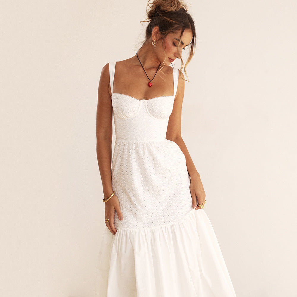 Eyelet Bustier Square Neck Wide Strap Tiered Ruffle Midi Dress - View 3