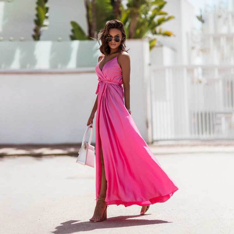 Satin Deep V-Neck Wrap Front Spaghetti Strap High Split Maxi Dress - View 3