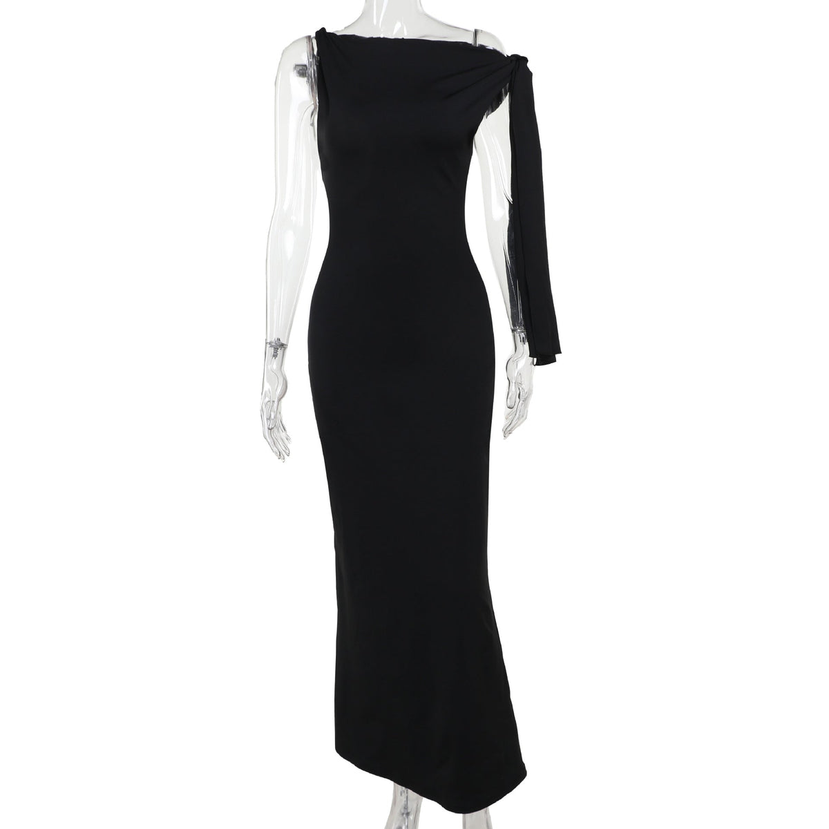 Sleeveless High Neck One Shoulder Tie Sash Bodycon Column Gown - View 6