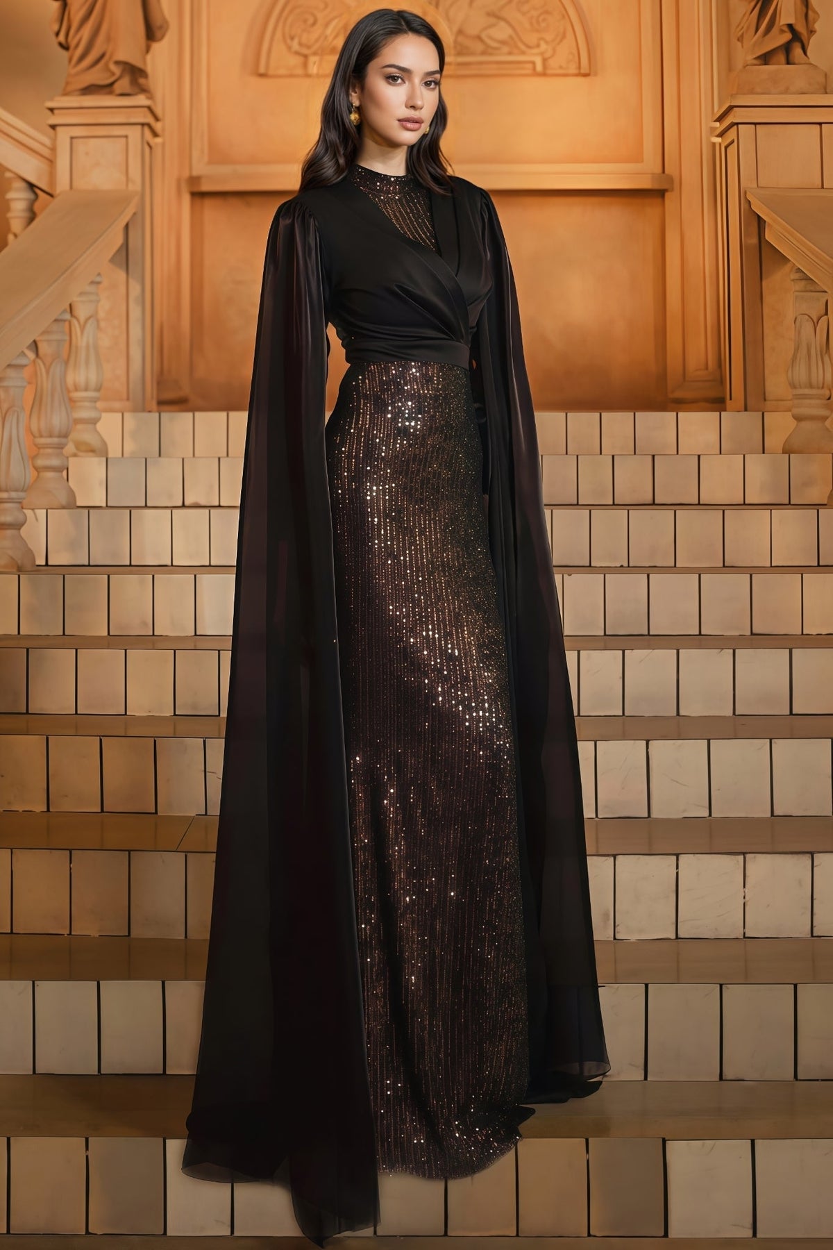Mirt Black Round Neck Sequin Maxi Dress - View 7