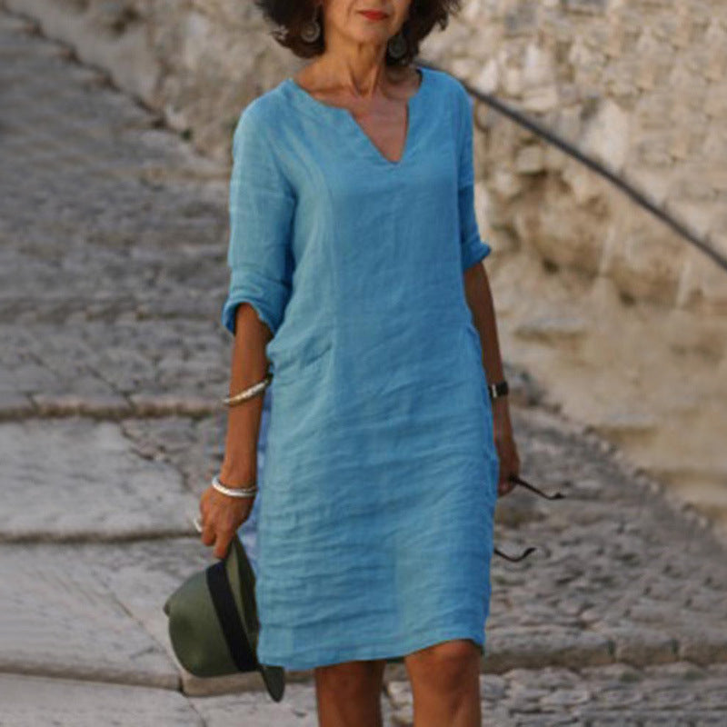 Split Neck Short Sleeve Pocket Shift Midi Dress 15