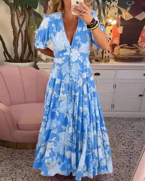 Floral V-Neck Short Sleeve Tiered Maxi Dress 5