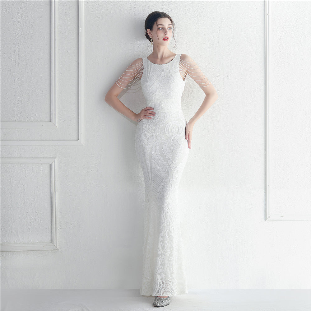Sequin Beaded Round Neck Fringe Mermaid Maxi Gown - View 6