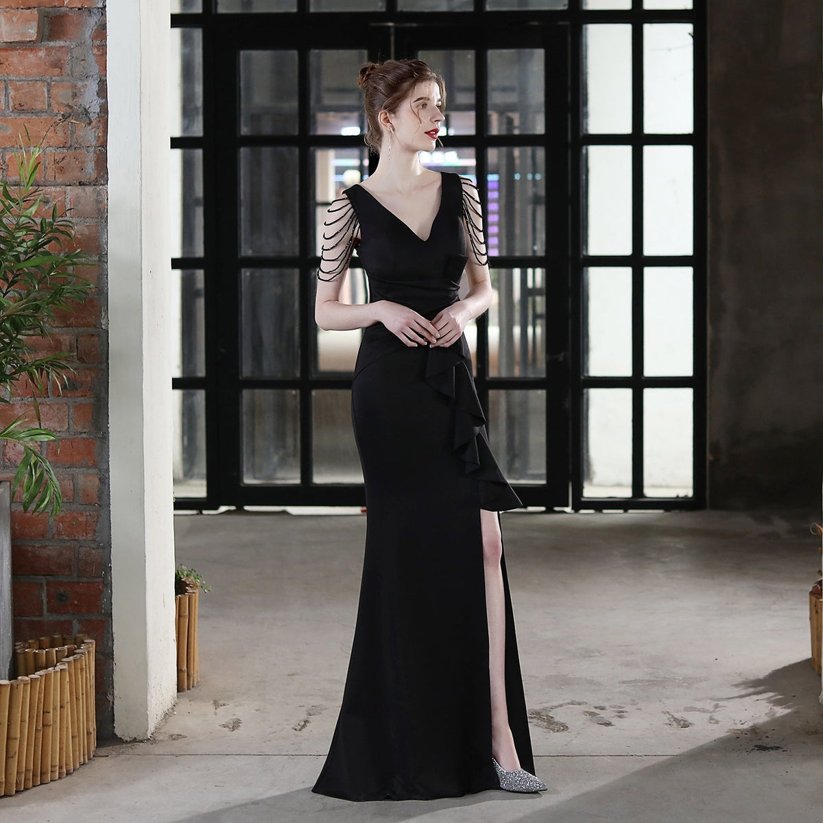 Deep V-Neck Beaded Shoulder Fringe Wrap Waist Side Maxi Gown - View 9
