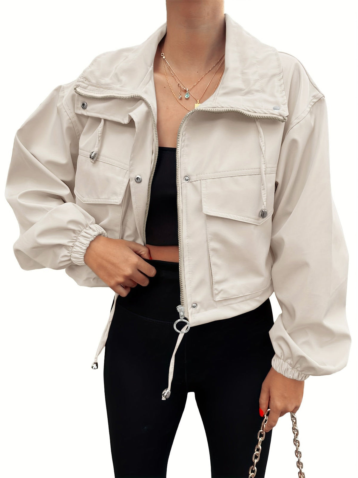 Zip Front Drawstring Hem Cargo Pocket Cropped Jacket 5