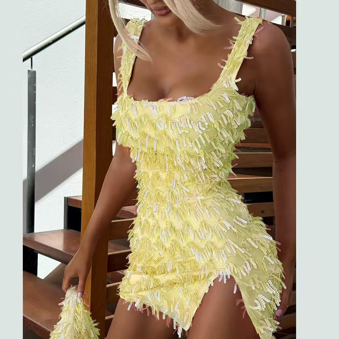 Sequin Fringe Square Neck High Split Bodycon Mini Dress 8