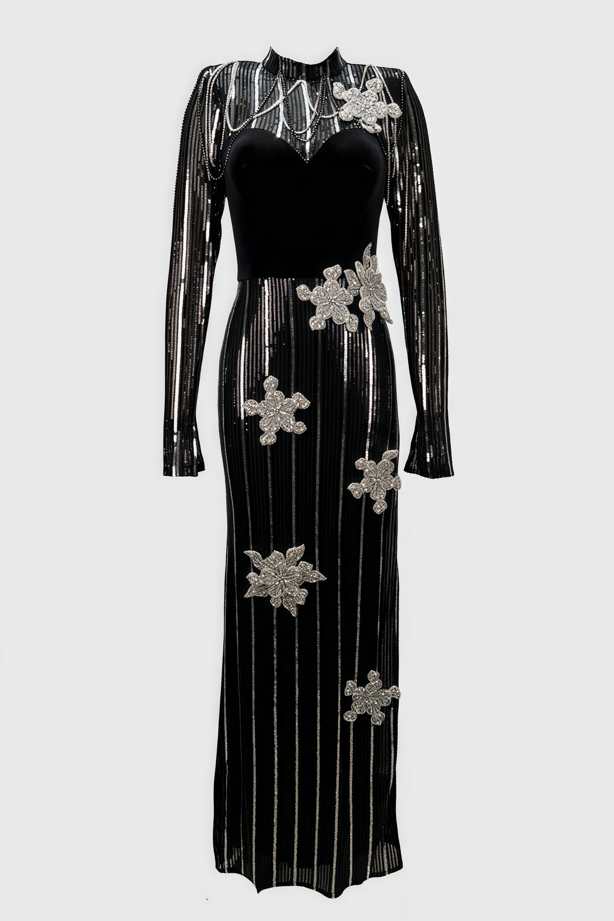 Sequin High Neck Long Sleeve 3D Flower High Split Maxi Gown - View 3