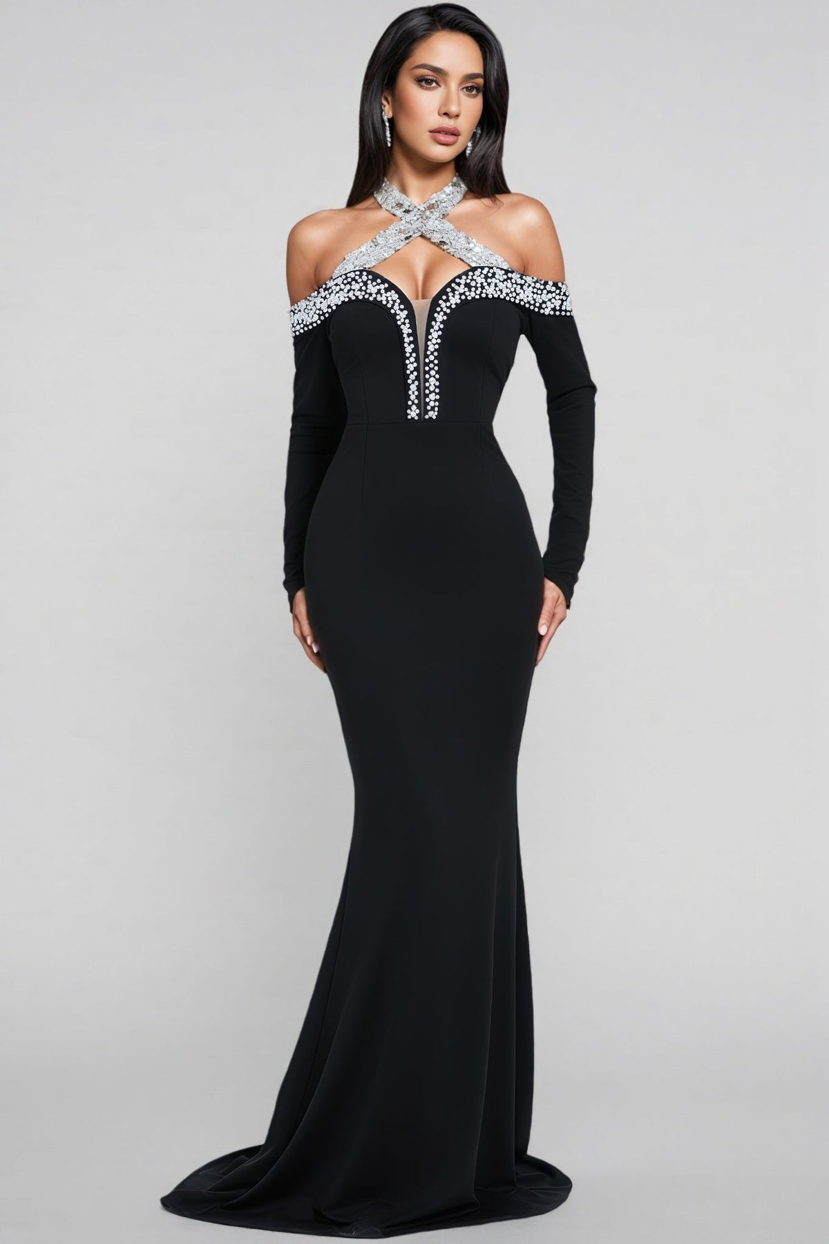 Rhinestone Halter Neck Off Shoulder Mesh Inset Mermaid Gown - View 3