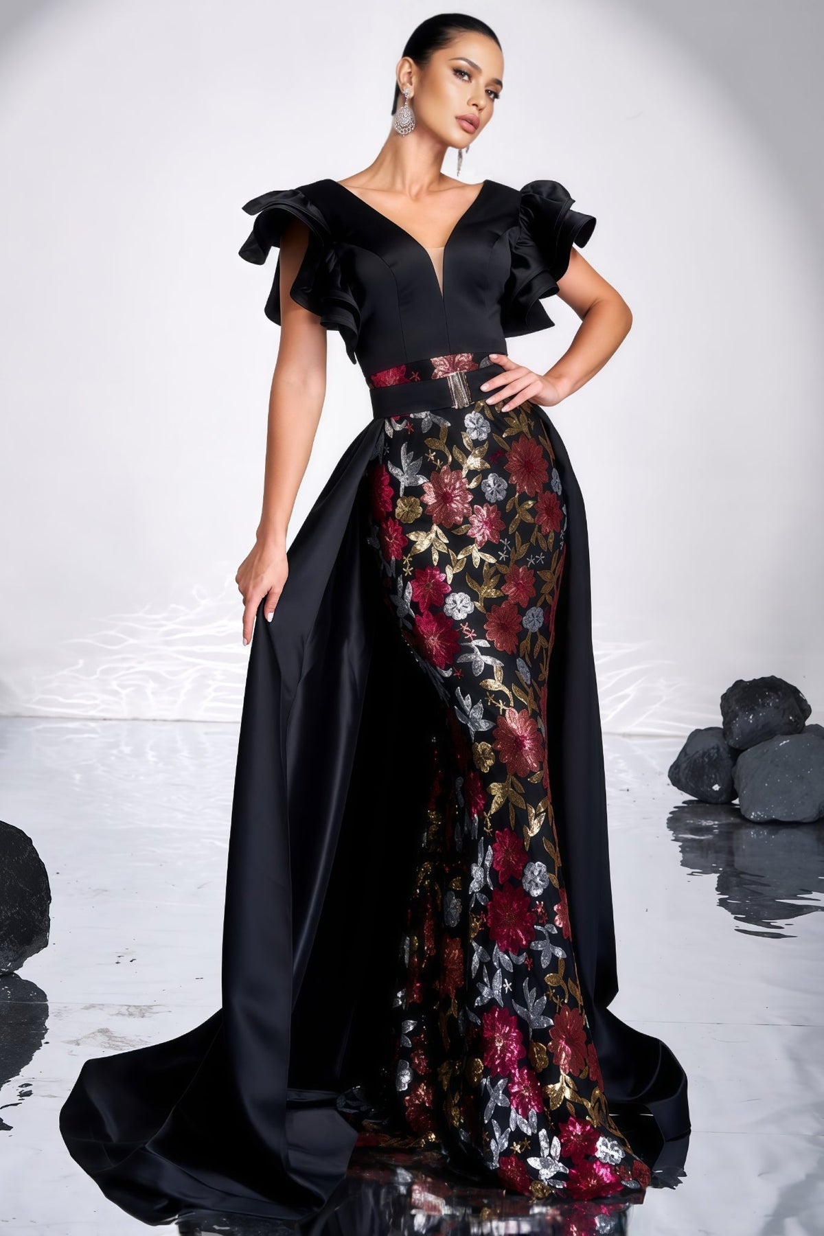 Floral Brocade V-Neck Ruffle Sleeve Mermaid Maxi Gown - View 4