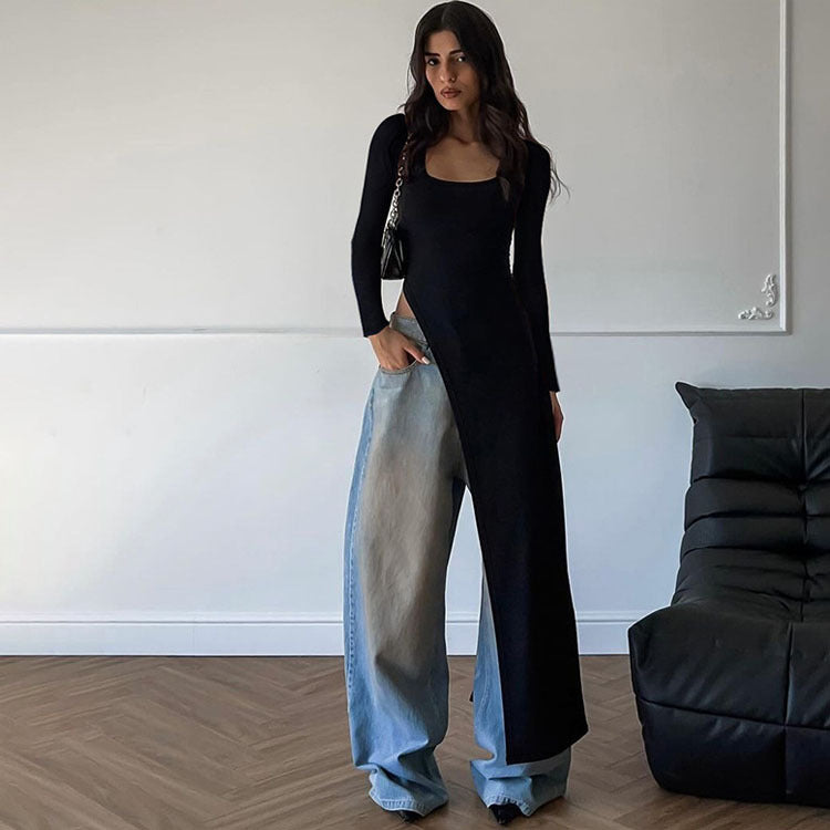 Knit Square Neck Long Sleeve Cut Out Asymmetric Maxi Dress