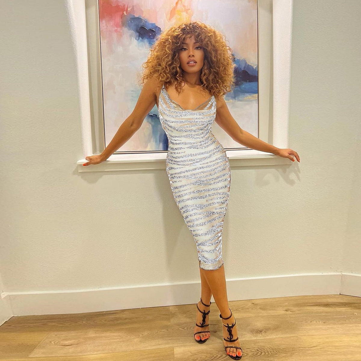 Sequin Velvet Cowl Neck Spaghetti Strap Striped Bodycon Midi Dress - View 2
