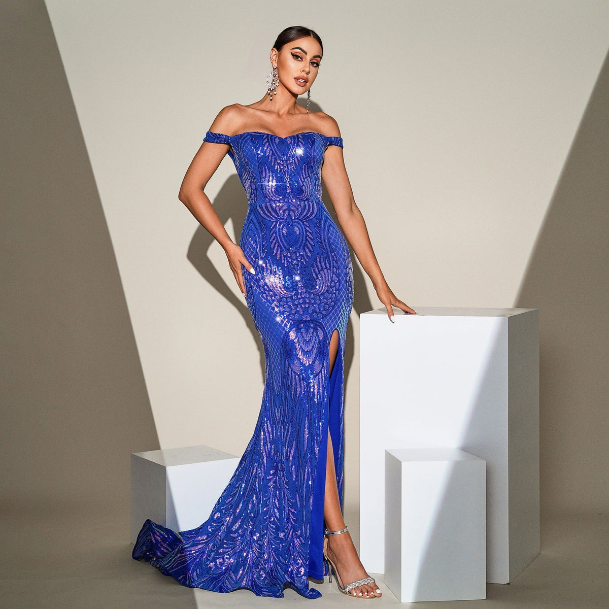 Sequin Off Shoulder Sweetheart High Split Mermaid Gown - View 2