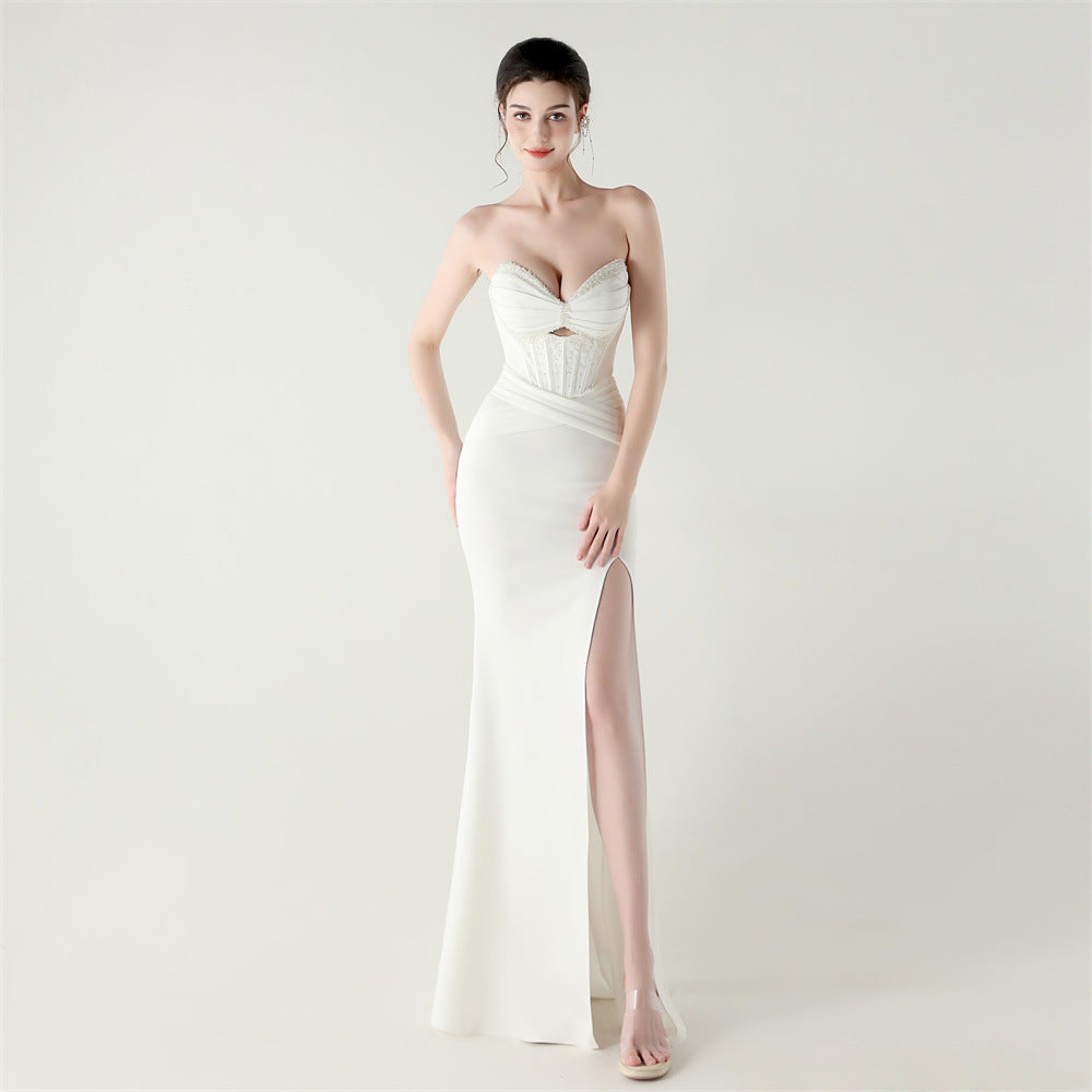 Strapless Sweetheart Corset Ruched High Split Mermaid Gown - View 8