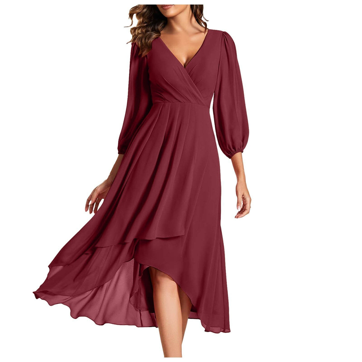 Chiffon Wrap V-Neck Puff Sleeve High Low Midi Dress 8