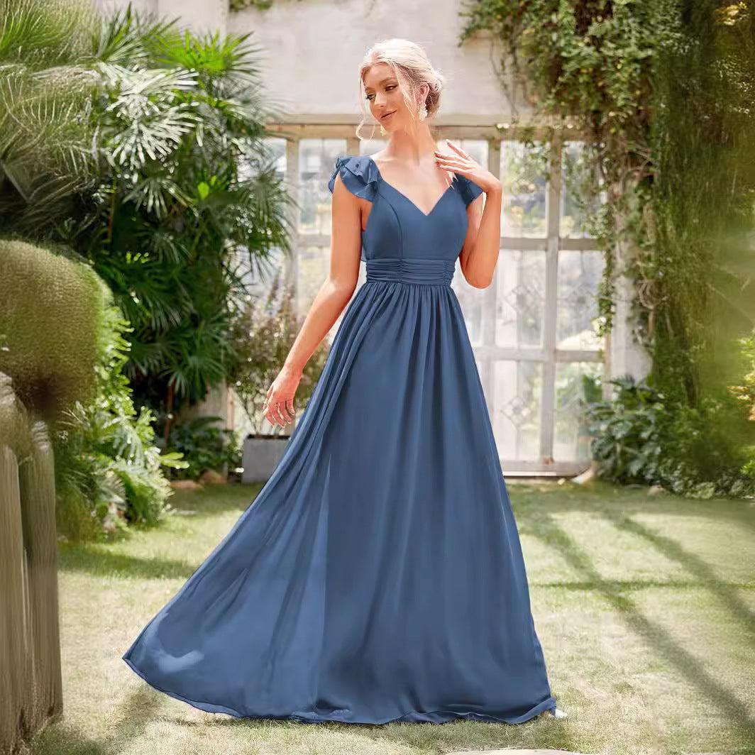 Chiffon V-Neck Ruffle Cap Sleeve Empire Waist A-Line Maxi Dress - View 4