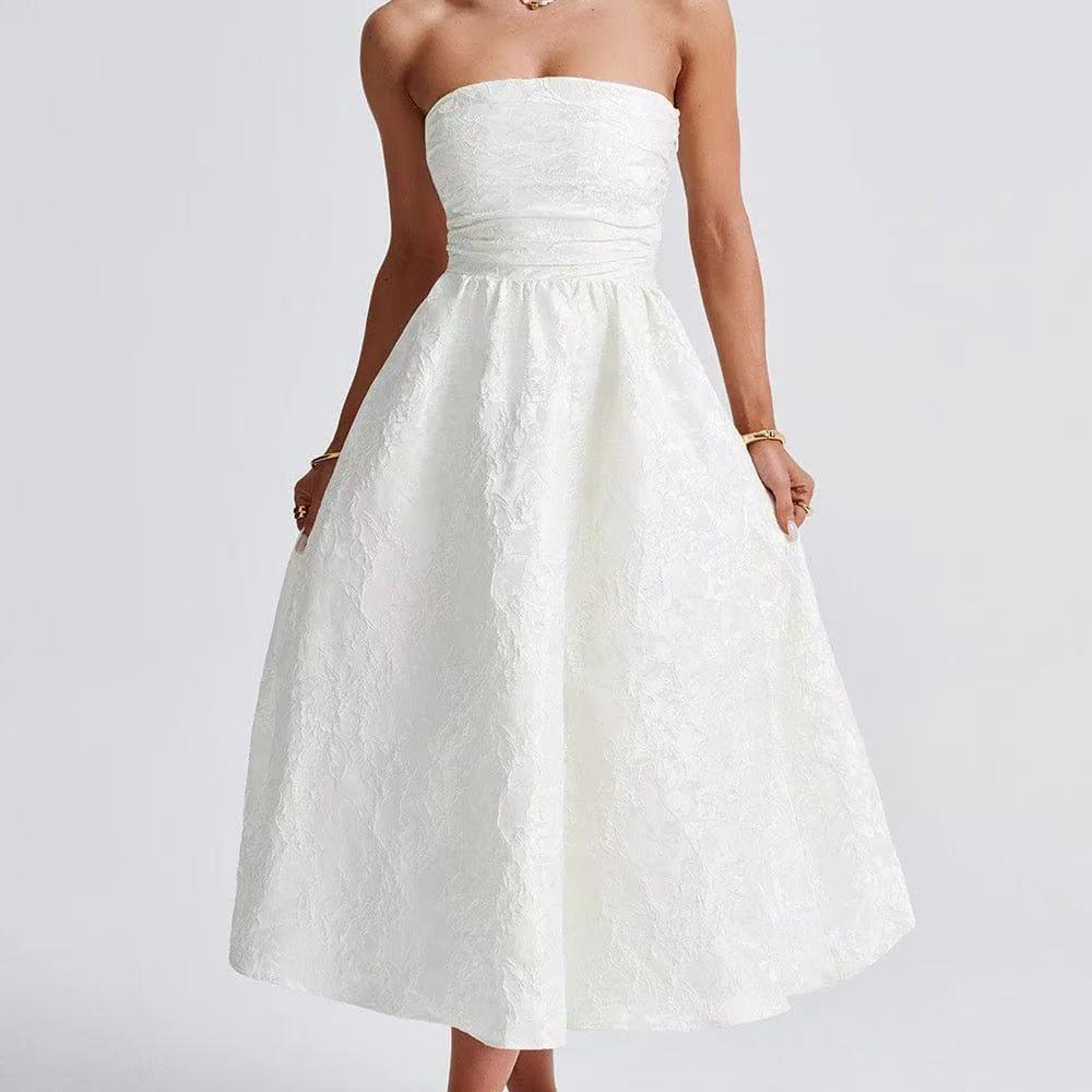Jacquard Strapless Ruched Waist Fit and Flare Midi Dress - View 8