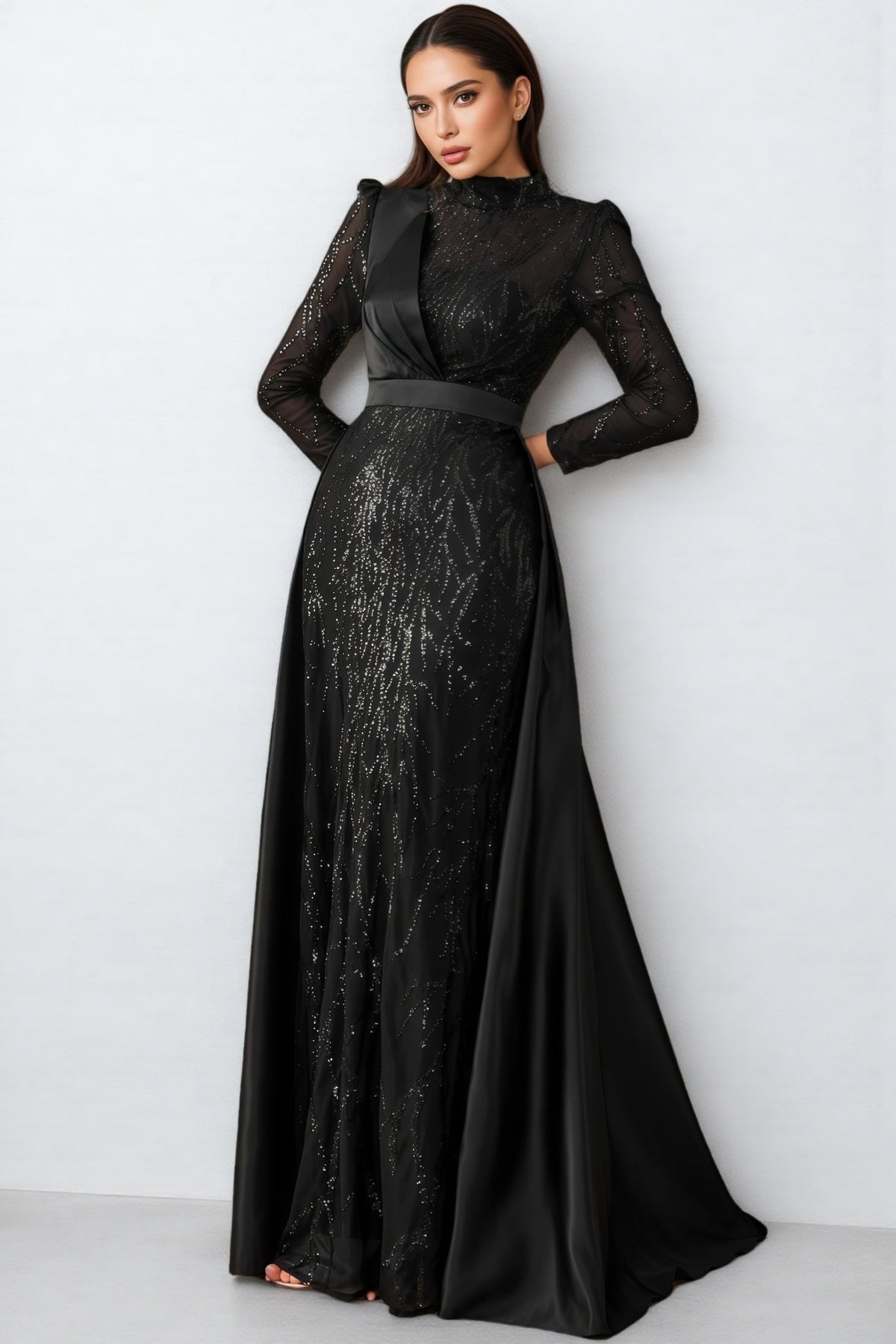 Moto Sequin Satin Long-Sleeved Maxi Dress - View 4