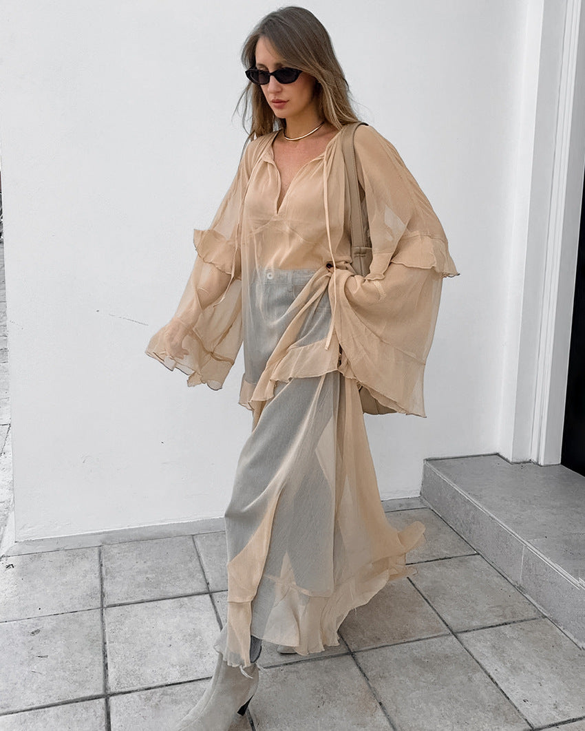 Sheer Tiered V-Neck Tie Neck Long Flared Ruffle Sleeve Maxi Dress - View 2