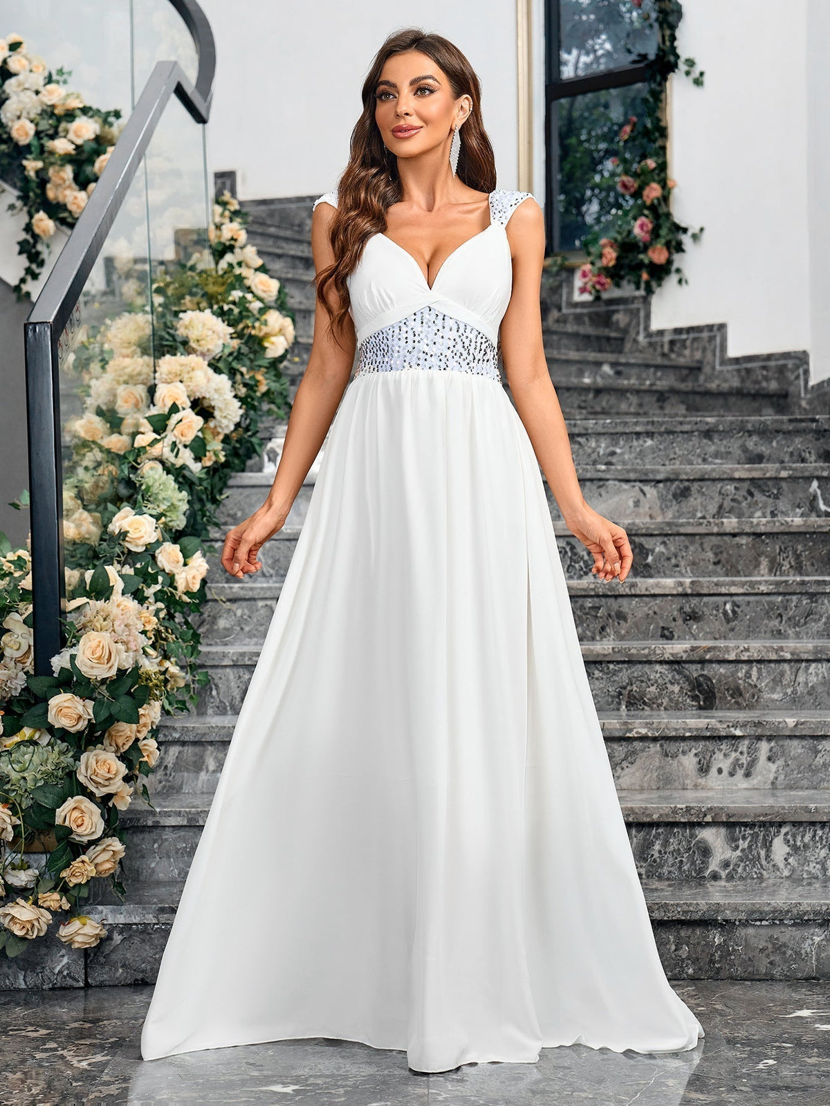 Solid Color Sequ V neck Brace Backless Cocktail Evening Dress - View 2