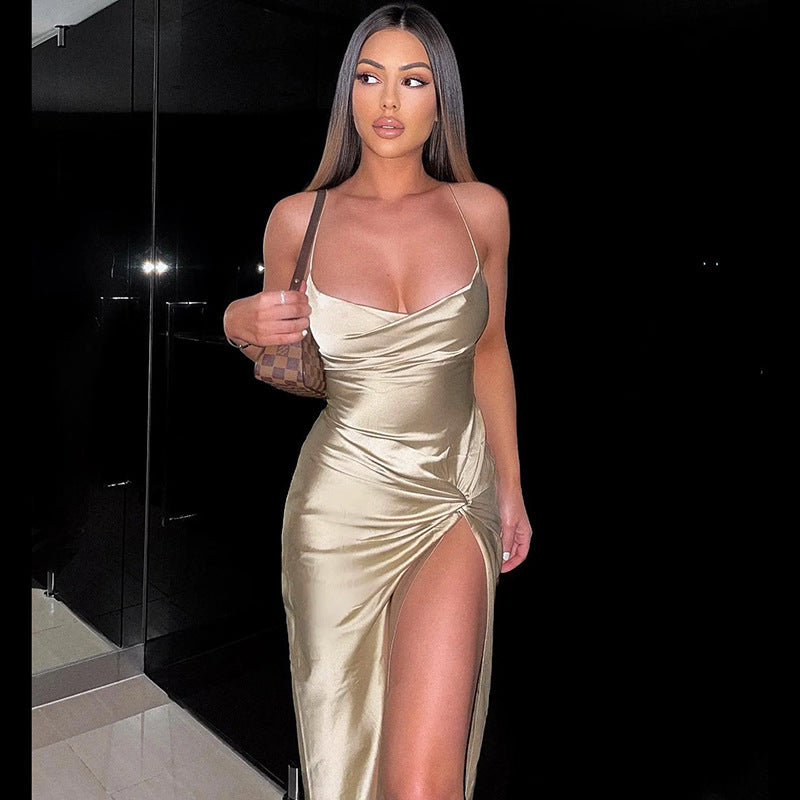 Split Satin Backless Dress