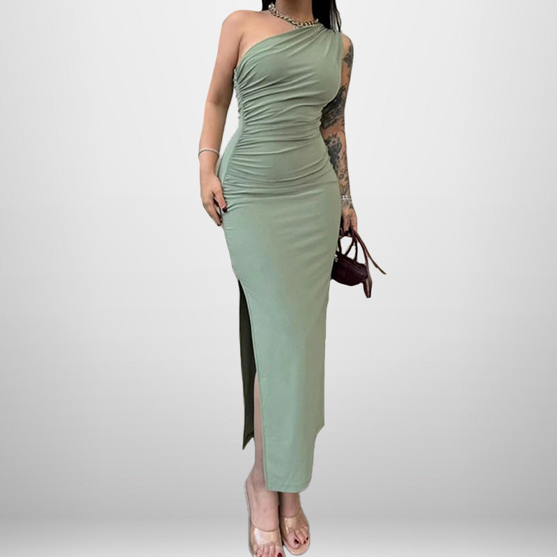 One Shoulder Sleeveless Ruched High Split Bodycon Maxi Dress - View 6