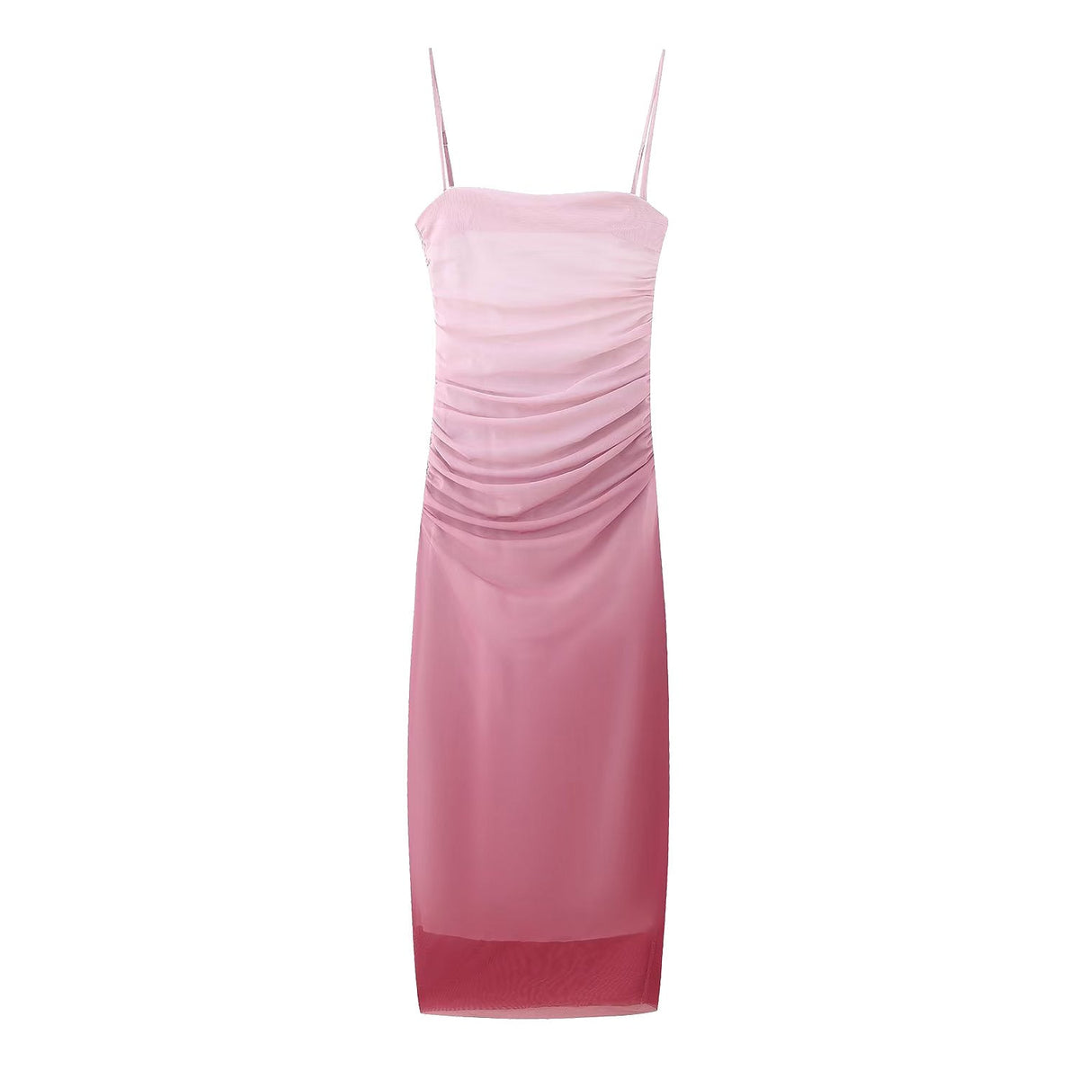 Mesh Square Neck Spaghetti Strap Ruched Zip Front Bodycon Midi Dress - View 8