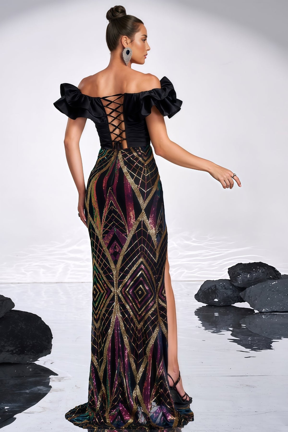 Sequin Off Shoulder Ruffle Corset Bodice High Split Mermaid Maxi Gown - View 6