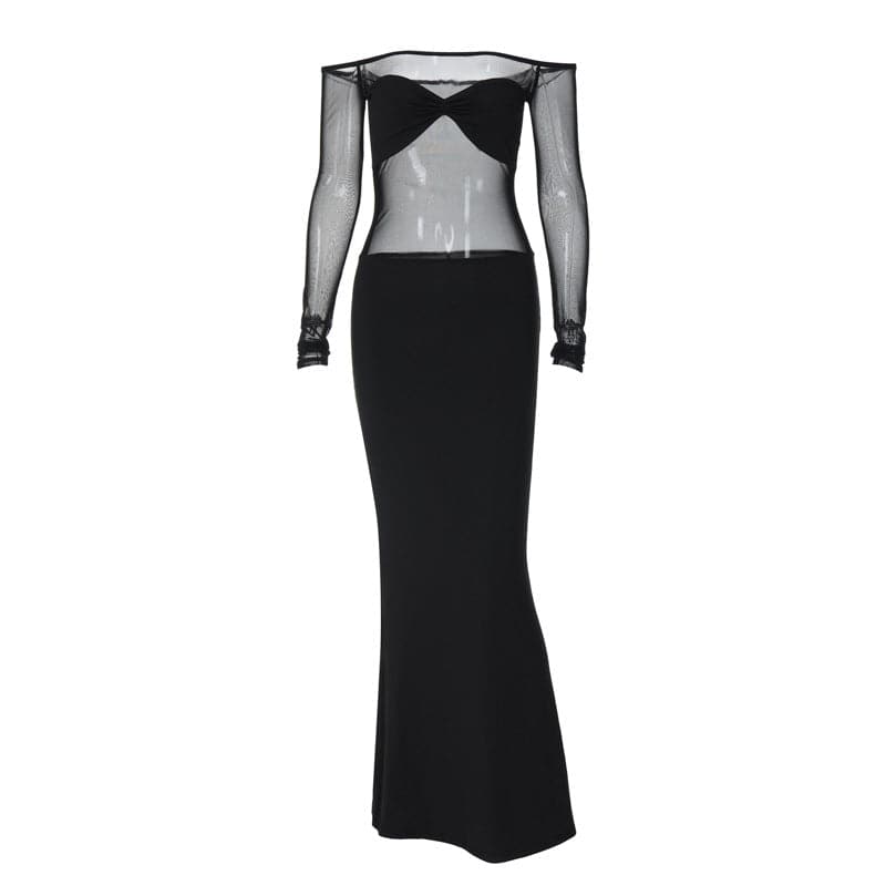 Ruched mesh patchwork off shoulder long sleeve slit maxi dress - View 9