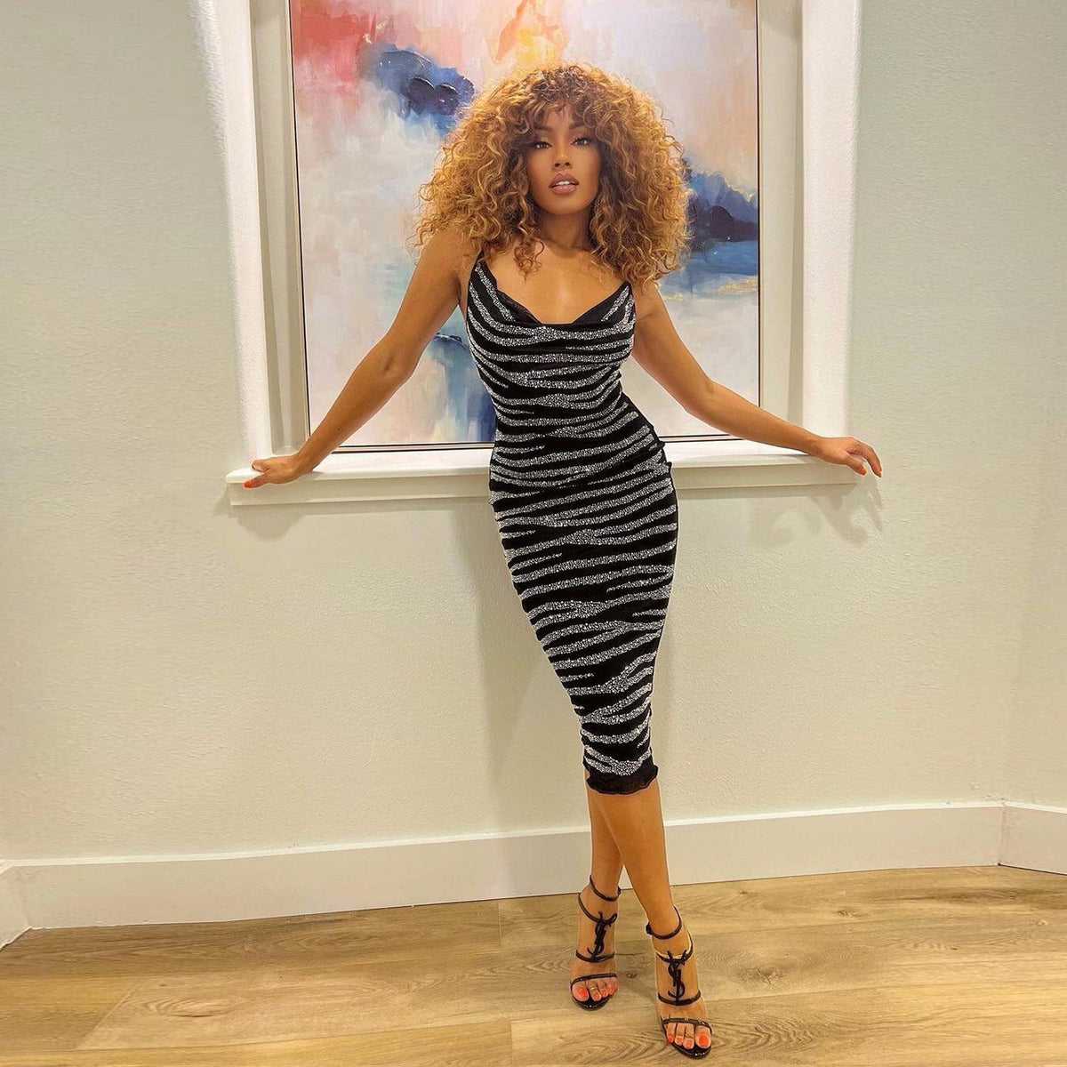 Sequin Velvet Cowl Neck Spaghetti Strap Striped Bodycon Midi Dress - View 7
