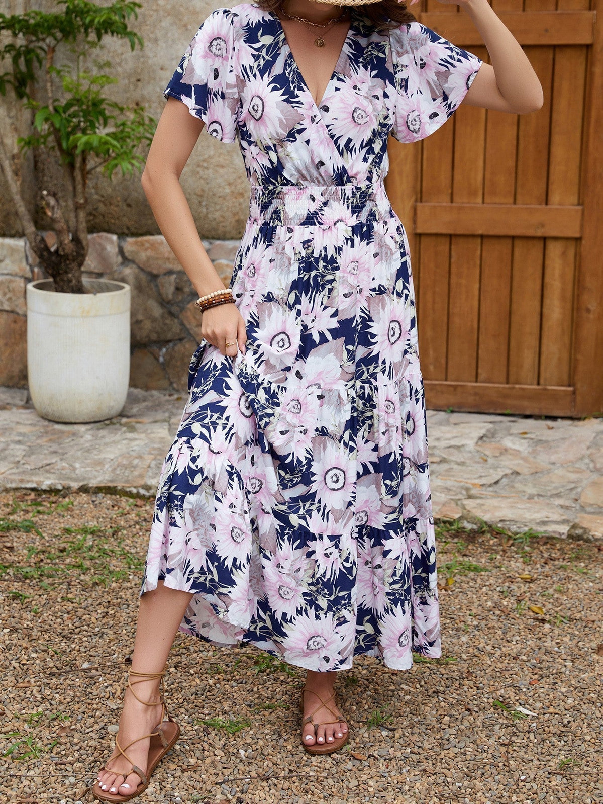 Floral V-Neck Flutter Sleeve Wrap High Low Maxi Dress 5