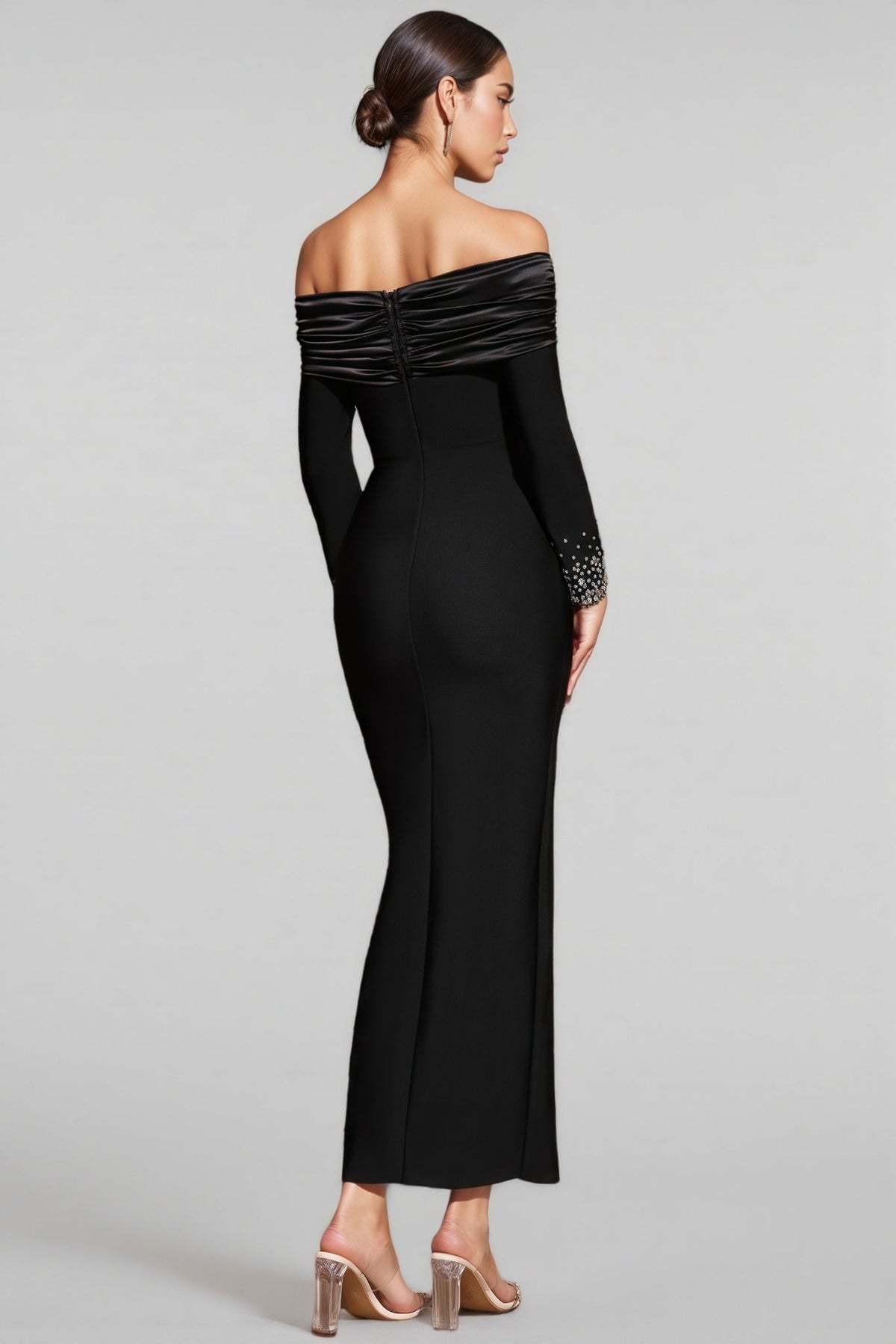 Off Shoulder Ruched Trim Keyhole Cut Out Rhinestone Maxi Gown - View 6