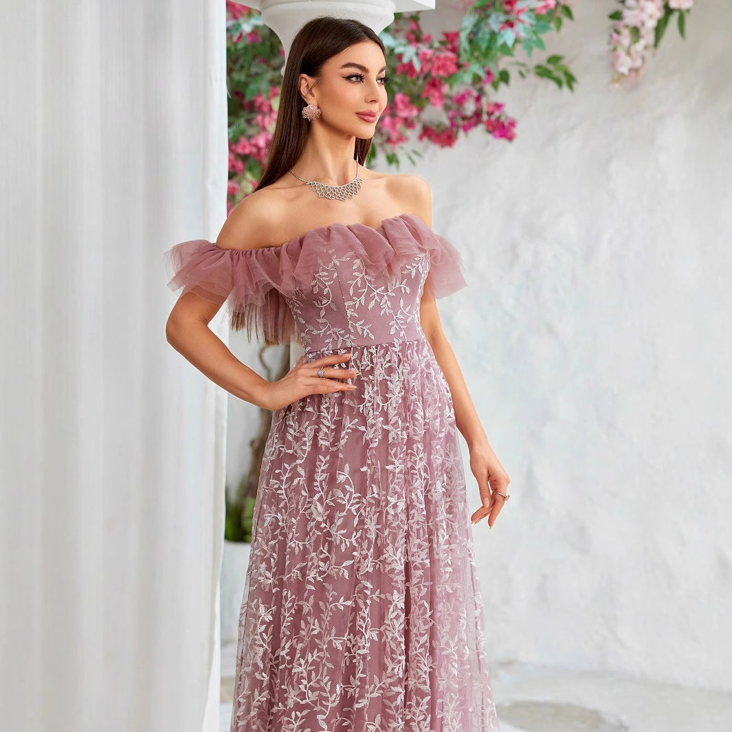 Embroidered Tulle Off Shoulder Ruffle A-Line Maxi Gown - View 2
