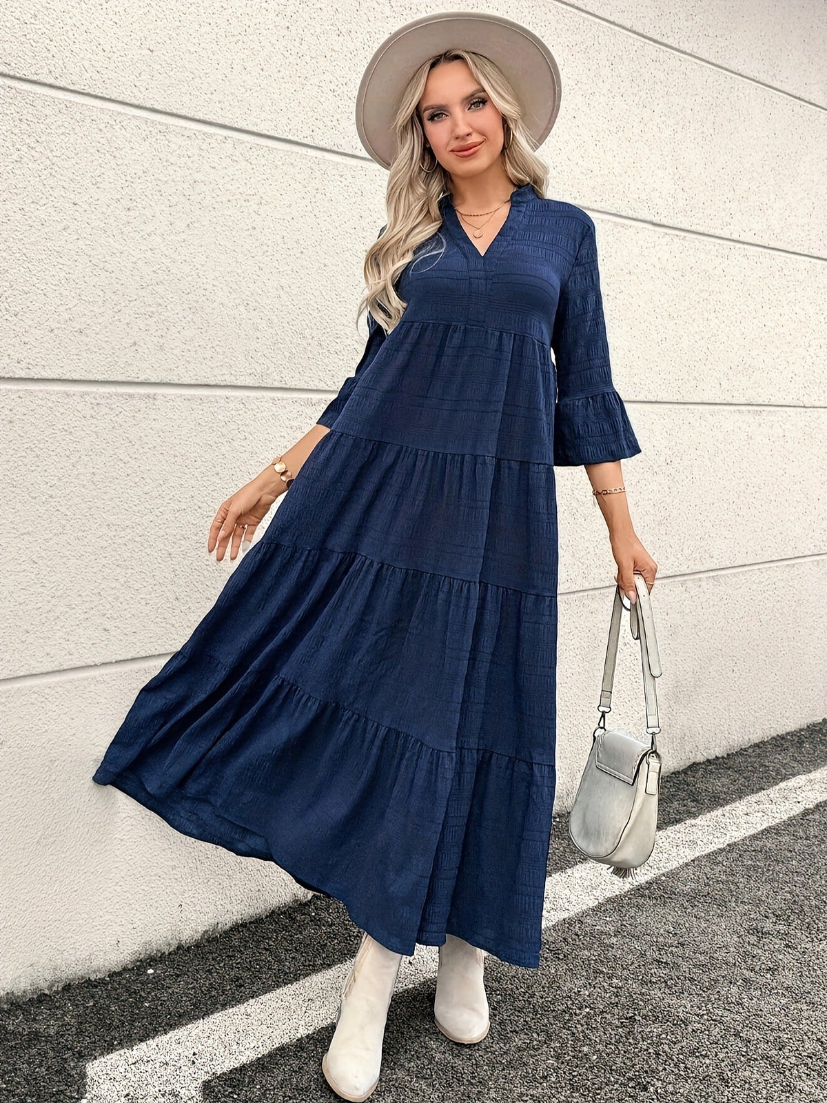 Notch V-Neck Tiered Flowy Maxi Dress 5