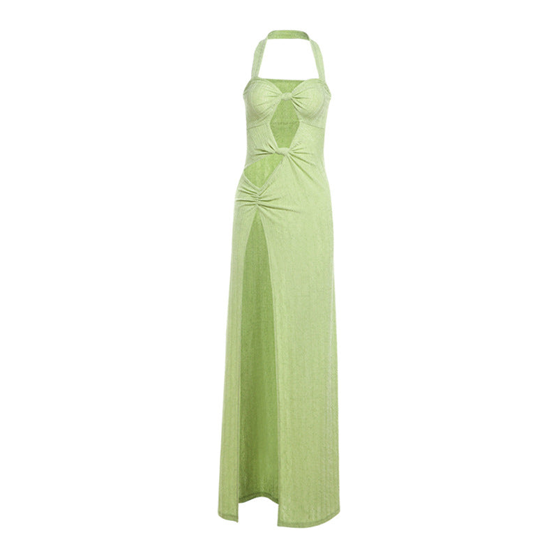 Halter Neck Cut Out High Split Pleated Maxi Dress - View 5