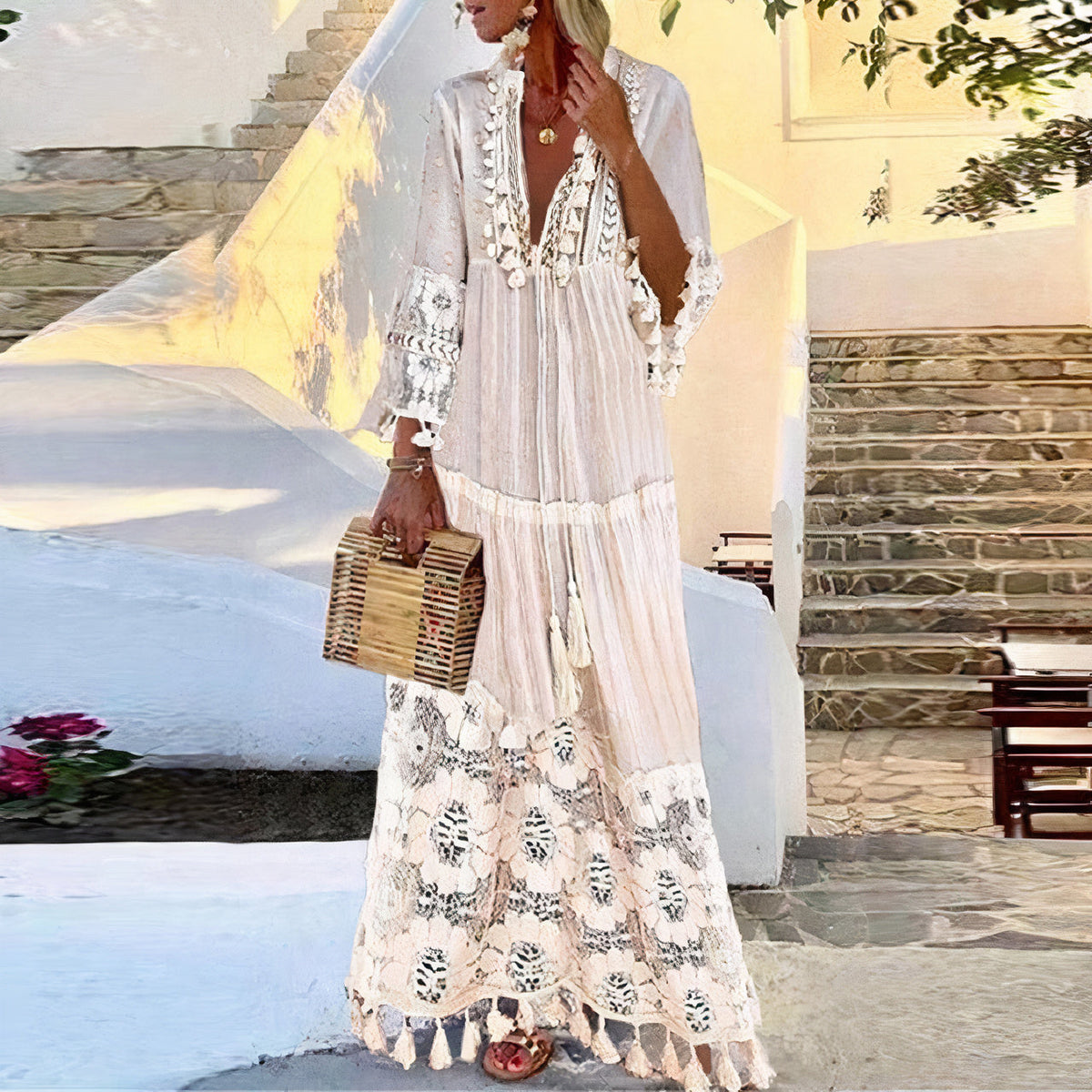 Lace Tassel Trim Flared Cuff Tiered Maxi Summer Dress - View 2