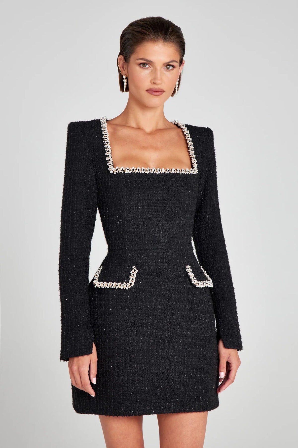 Tweed Pearl Trim Square Neck Long Sleeve Pocketed Mini Dress - View 3