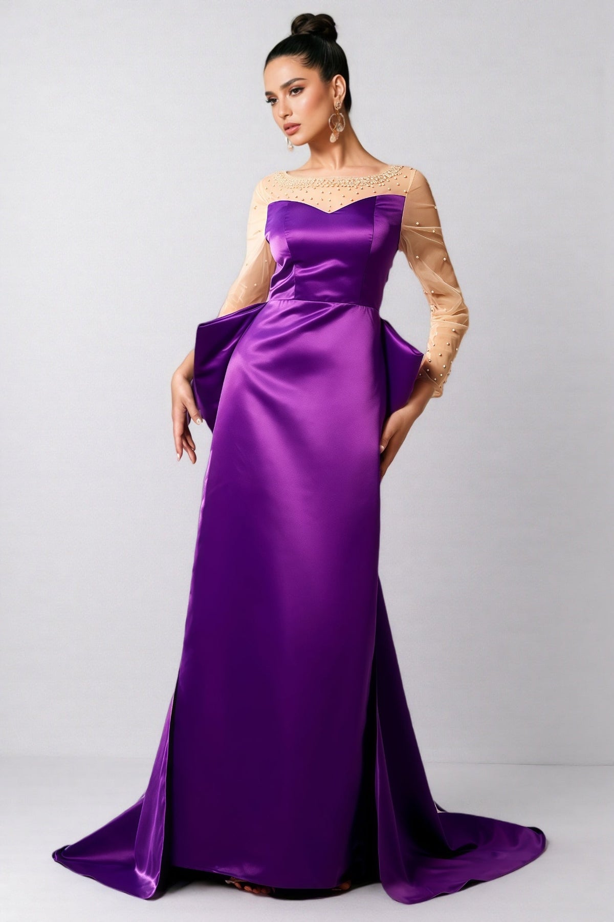 Pearl Embellished Sheer Mesh Yoke Long Sleeve Maxi Gown - View 5