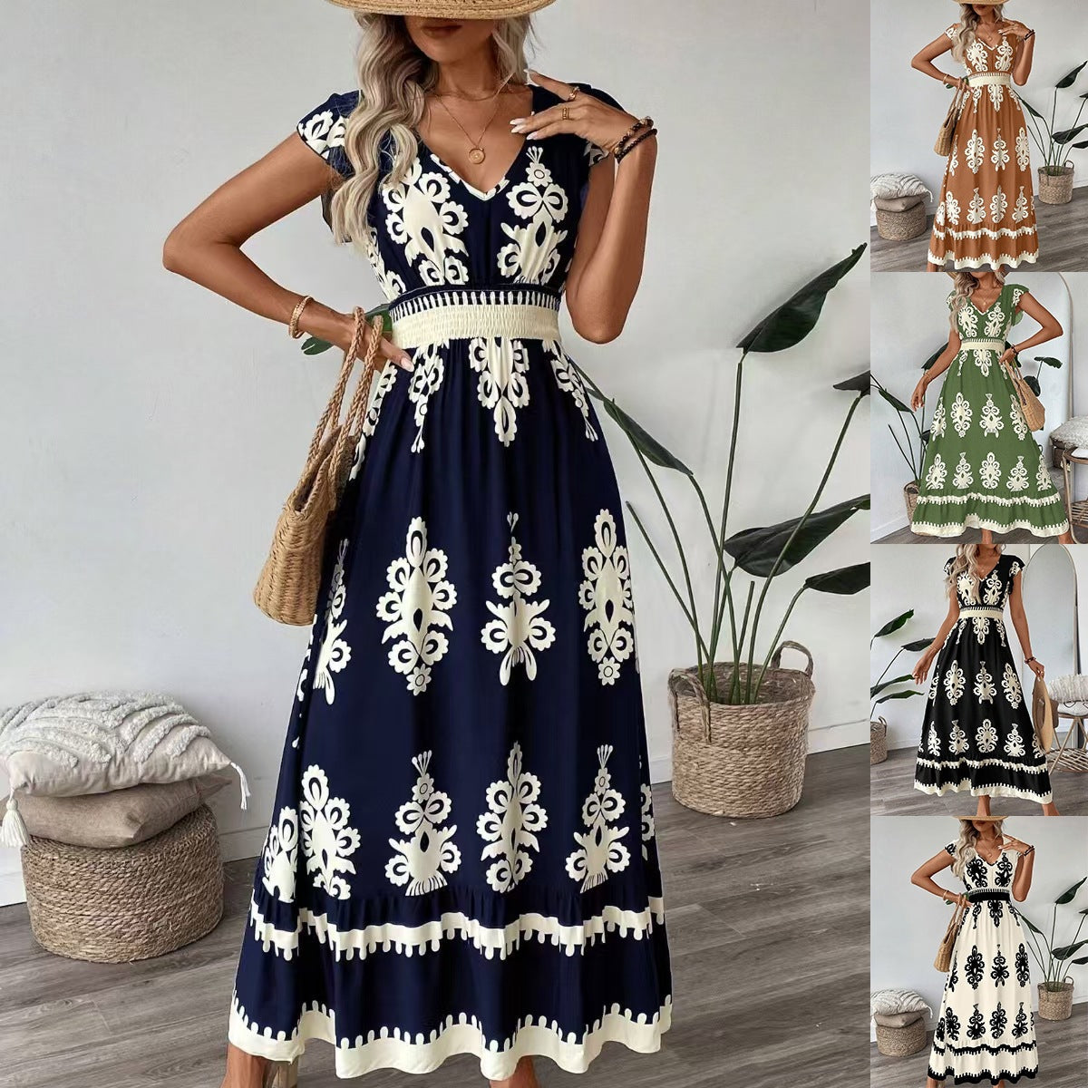 Bohemian Damask Print V-Neck Cap Sleeve Smocked Waist Maxi Dress