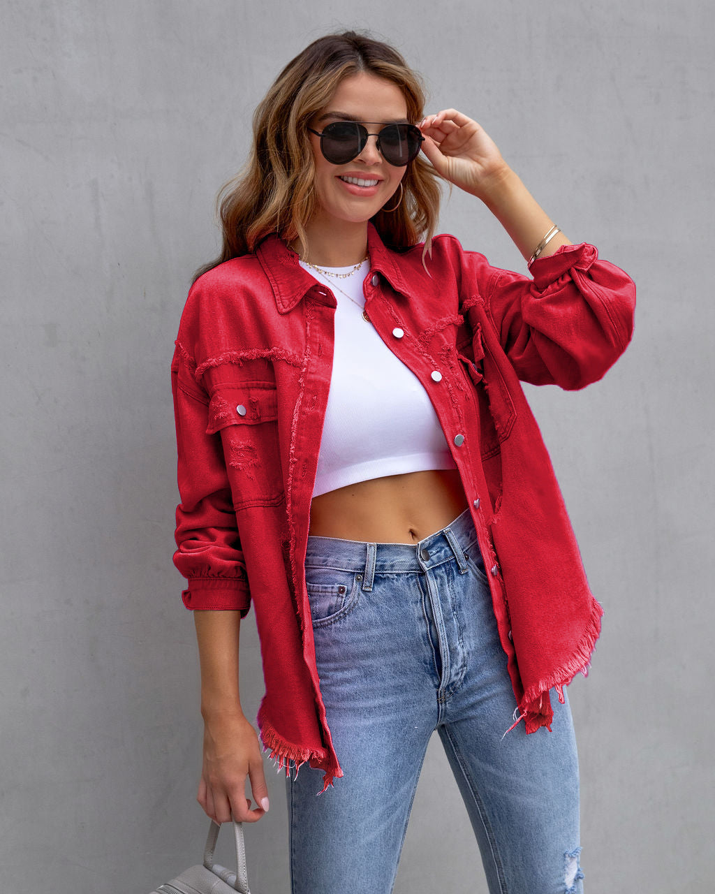 Distressed Frayed Hem Oversized Denim Jacket 7