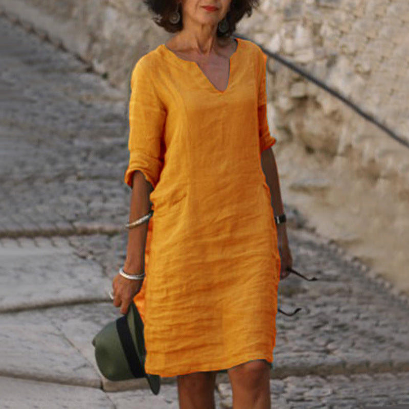 V-Neck Three Quarter Sleeve Relaxed Shift Knee Length Summer Dress - View 4