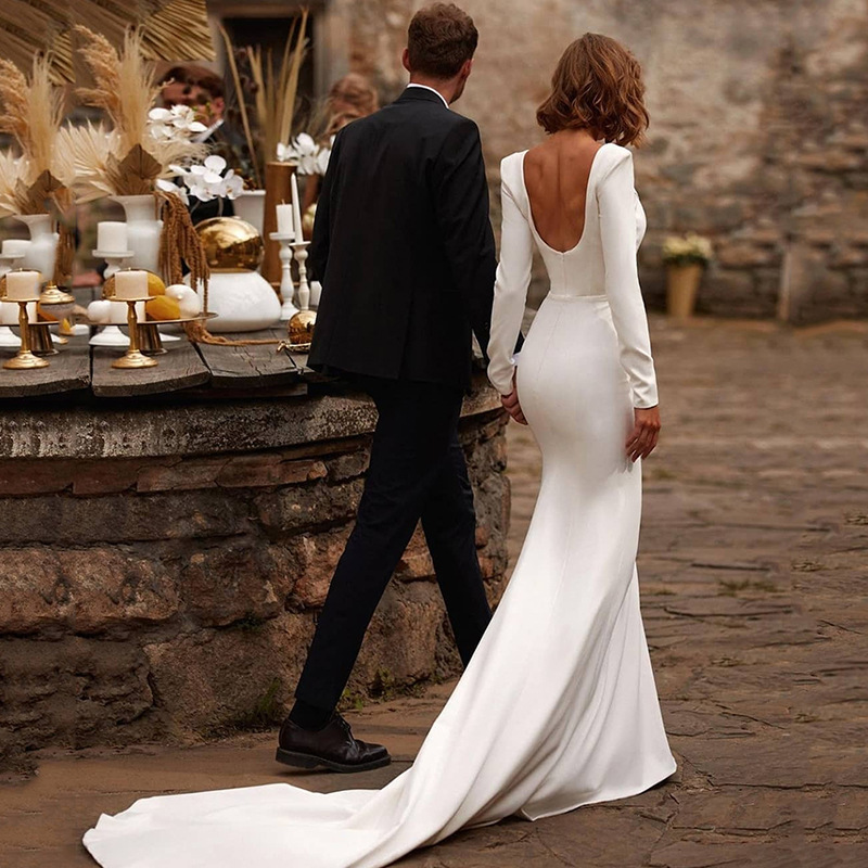Long Sleeve Structured Shoulder Low Back Mermaid Train Wedding Gown