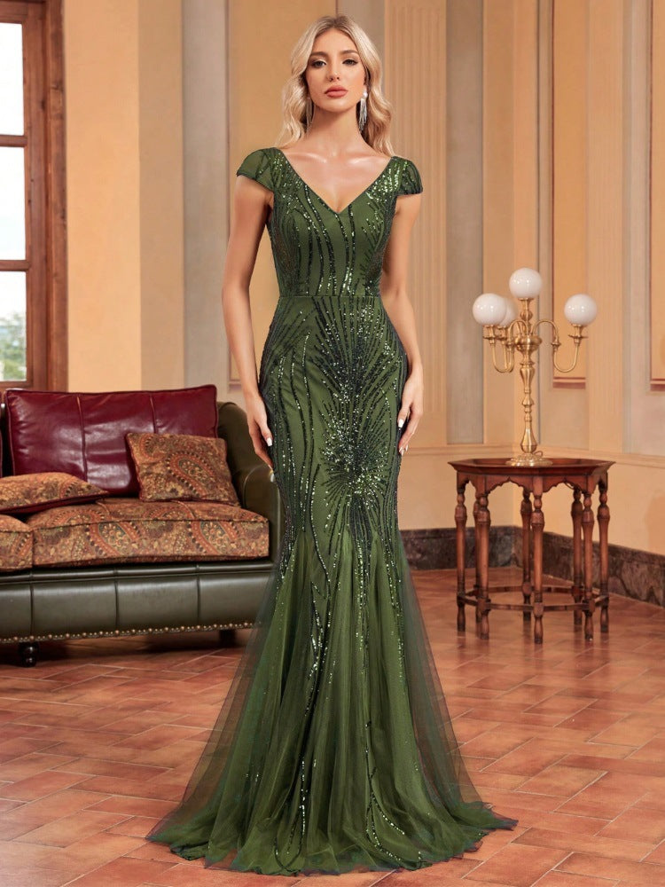 Sequin V-Neck Cap Sleeve Tulle Mermaid Maxi Gown - View 9